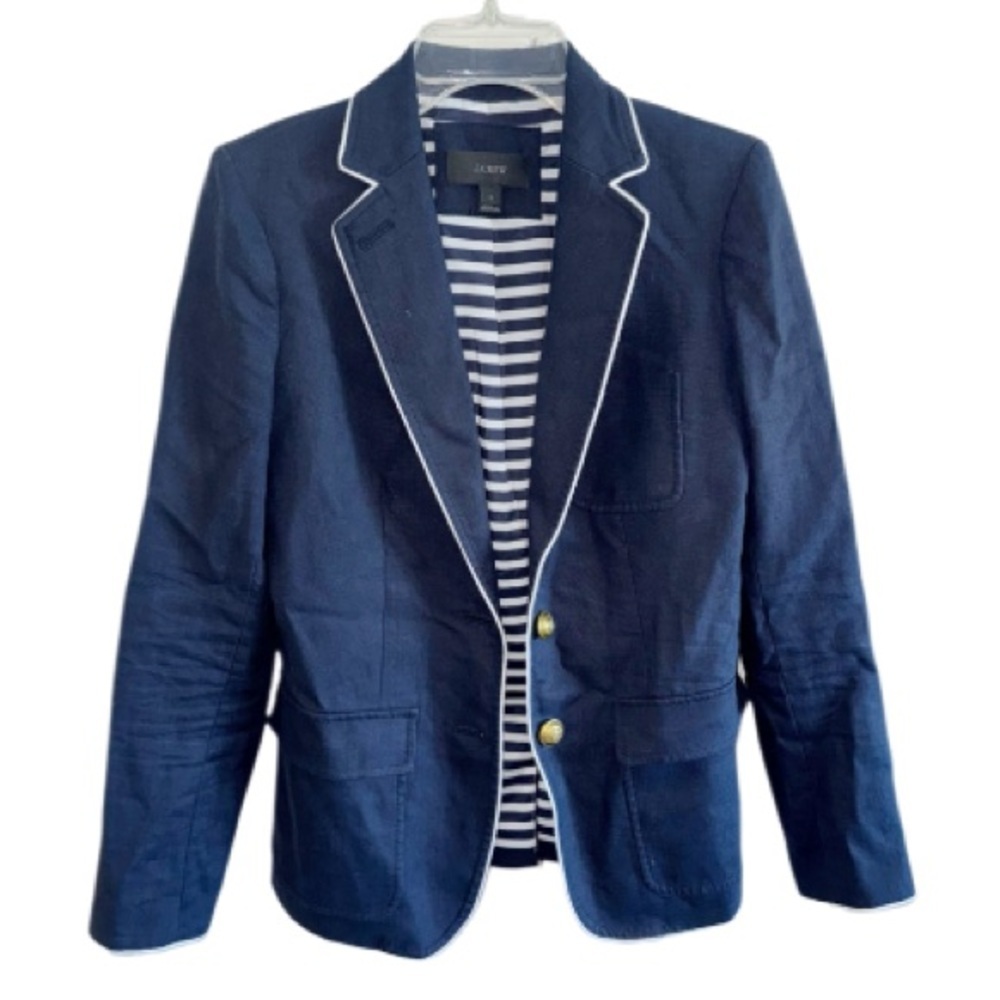 J. Crew Rhodes Navy Blue Blazer 100% Linen Nautical Crest Gold Buttons Size 2 - Picture 2 of 14